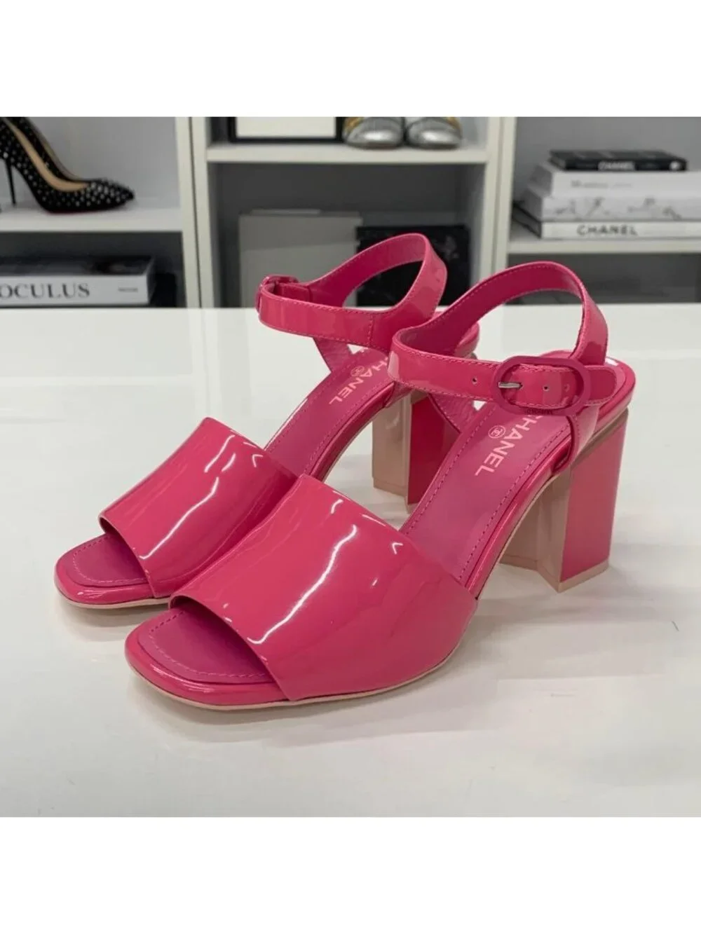 Chanel CC Logo Patent Strap Sandals Pink